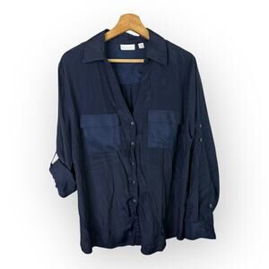 New York & Company Womens size XXL Roll Tab Button Up Blouse Top Navy Blue